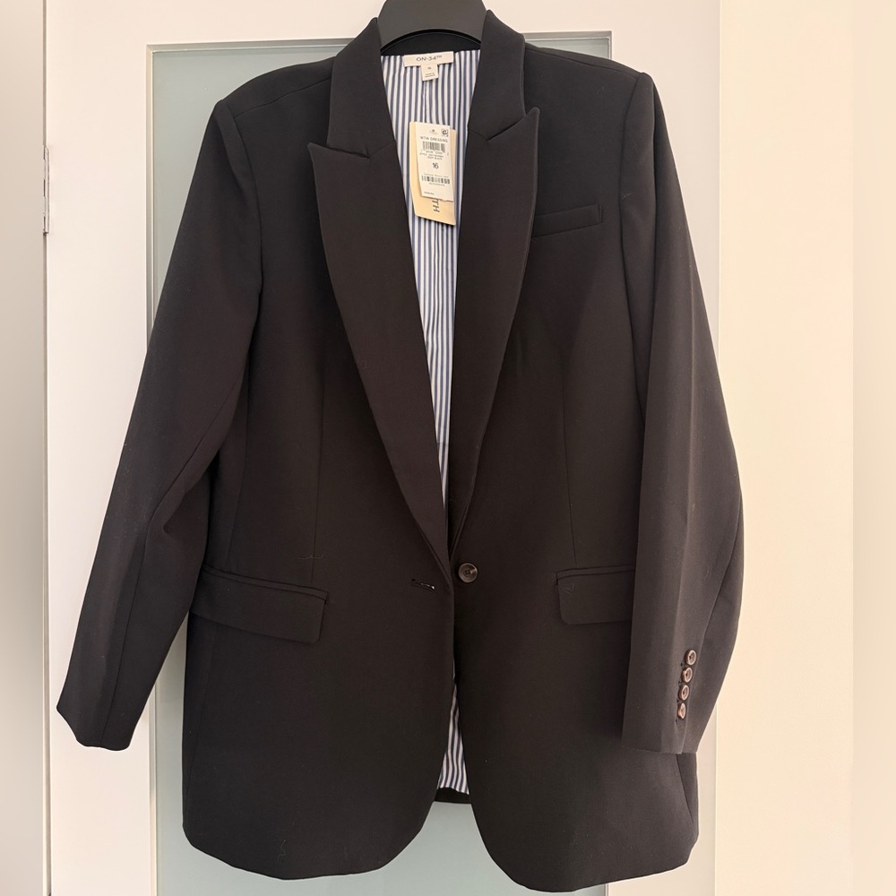 On 34th Classic Black Blazer with blue pinstripes inside